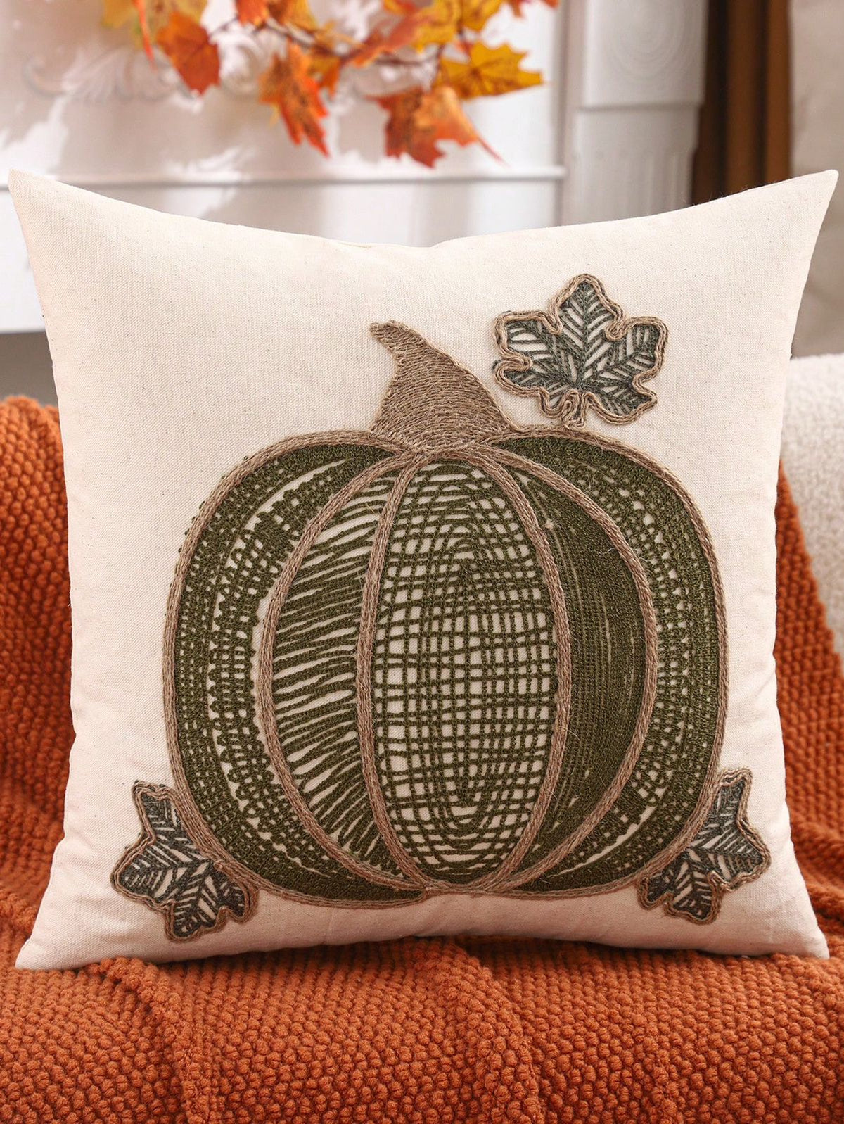 Lace embroidered pumpkin pillow cover in olive green - alternate angle showing full embroidery detail