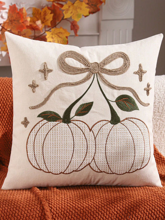 Design A: Twin burlap pumpkins with 3D jute rope bow and sparkle star accents on cream pillow cover