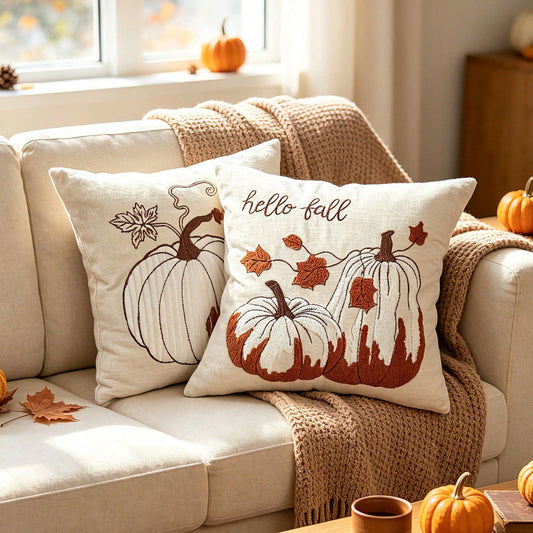 Both Hello Fall pumpkin pillow cover designs styled together on cream sofa in autumn living room