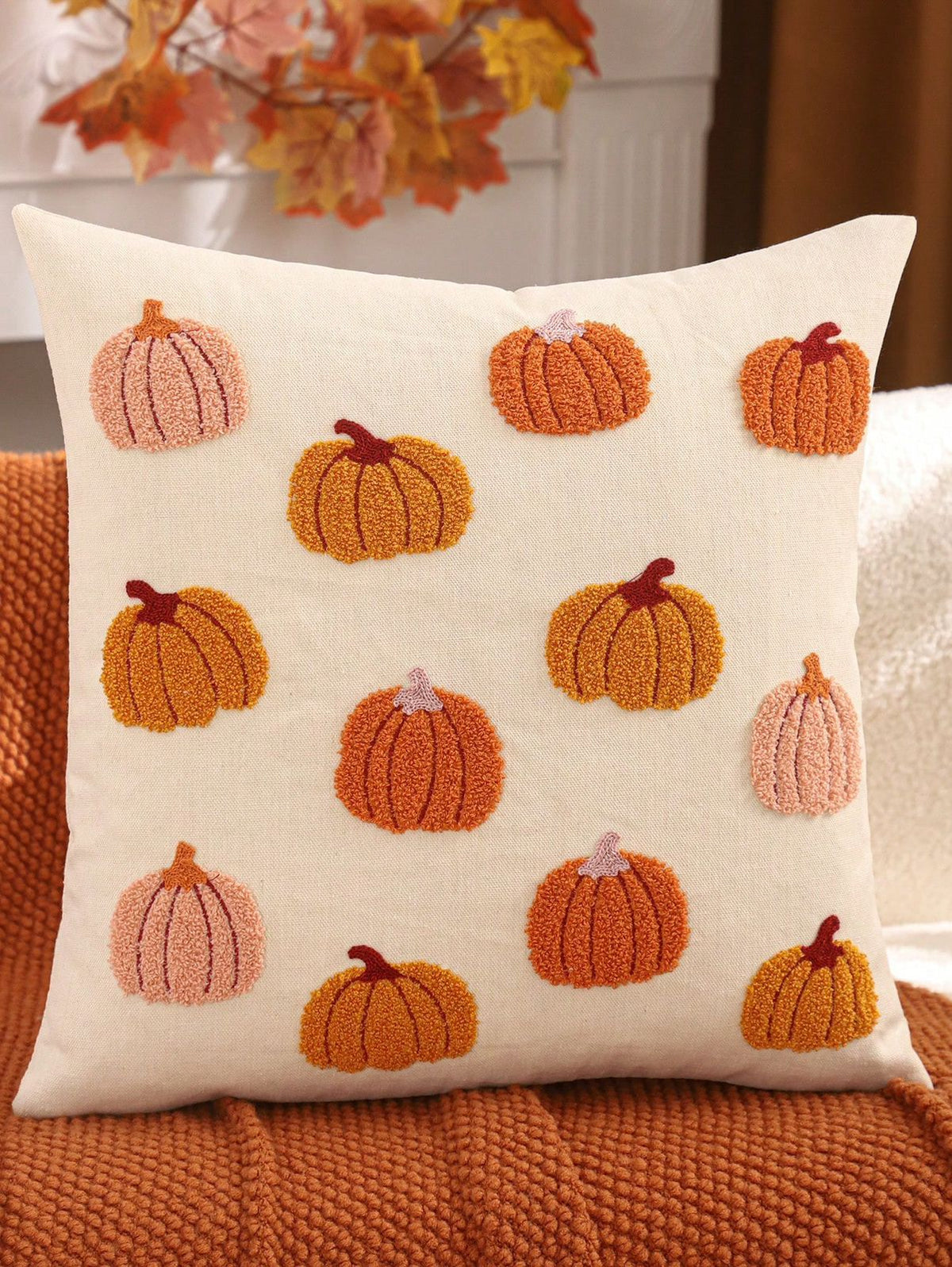Design A: Punch needle autumn leaves toss pillow cover - 12 colorful leaves in red, rust, yellow, orange, sage on cream background