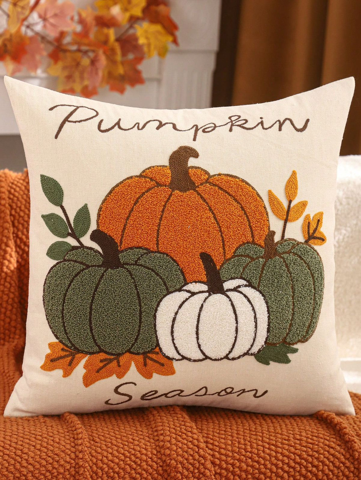 Design C: Punch needle pumpkin patch toss pillow cover - 12 small pumpkins in orange, gold, blush on cream background