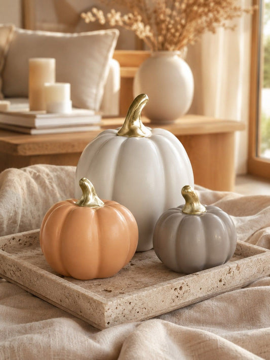 Three ceramic pumpkins in snow white, sand beige, and greige with gold stems on travertine tray in autumn living room