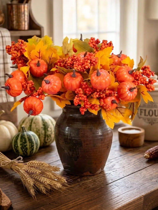 Multiple faux autumn harvest spray stems arranged in dark ceramic vase on farmhouse kitchen table with real pumpkins