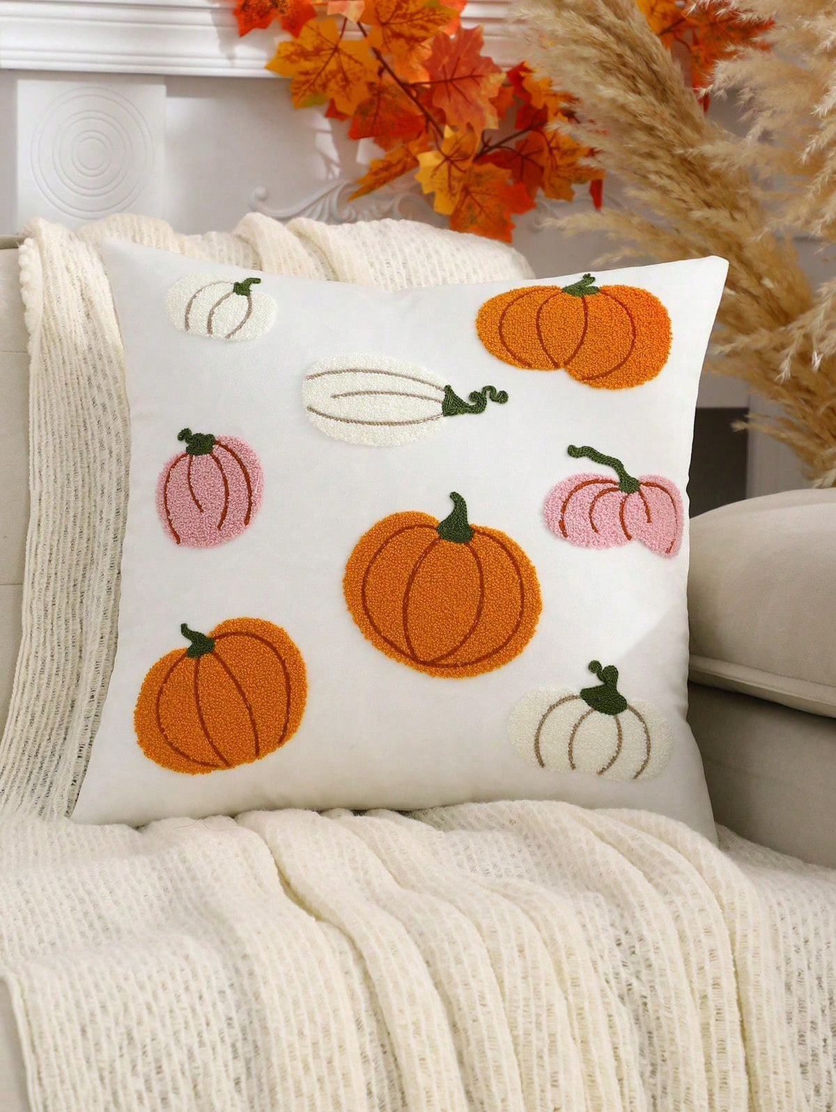 Design B: Pumpkin Toss - scattered orange, pink and cream embroidered pumpkins on white pillow cover