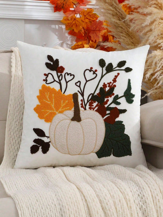 Design A: Harvest Botanical - white tufted pumpkin with golden maple leaf, red berry stems and dark green leaves on white pillow cover