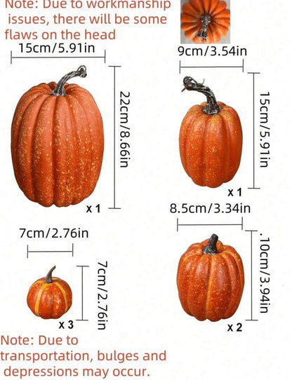 Size chart for faux pumpkin set of 7 - Large 15x22cm, Medium Tall 9x15cm, Medium Round 8.5x10cm x2, Small 7x7cm x3
