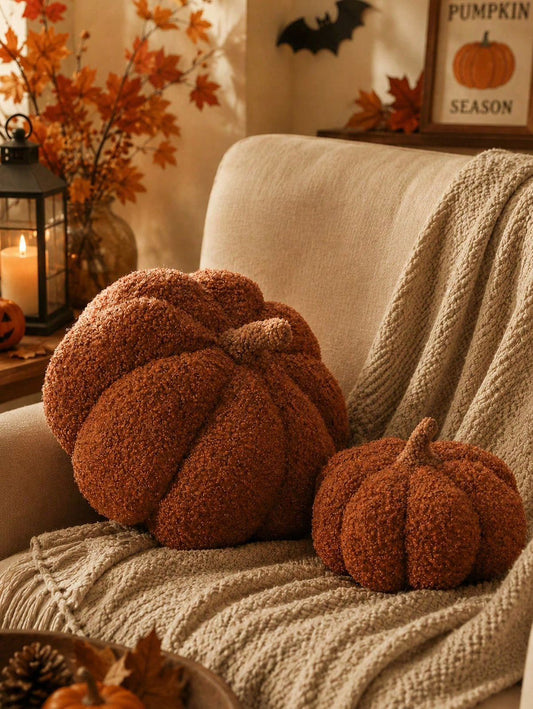 Rust brown boucle 3D pumpkin pillows in large and small on cream sofa with autumn leaves, lantern and Pumpkin Season sign
