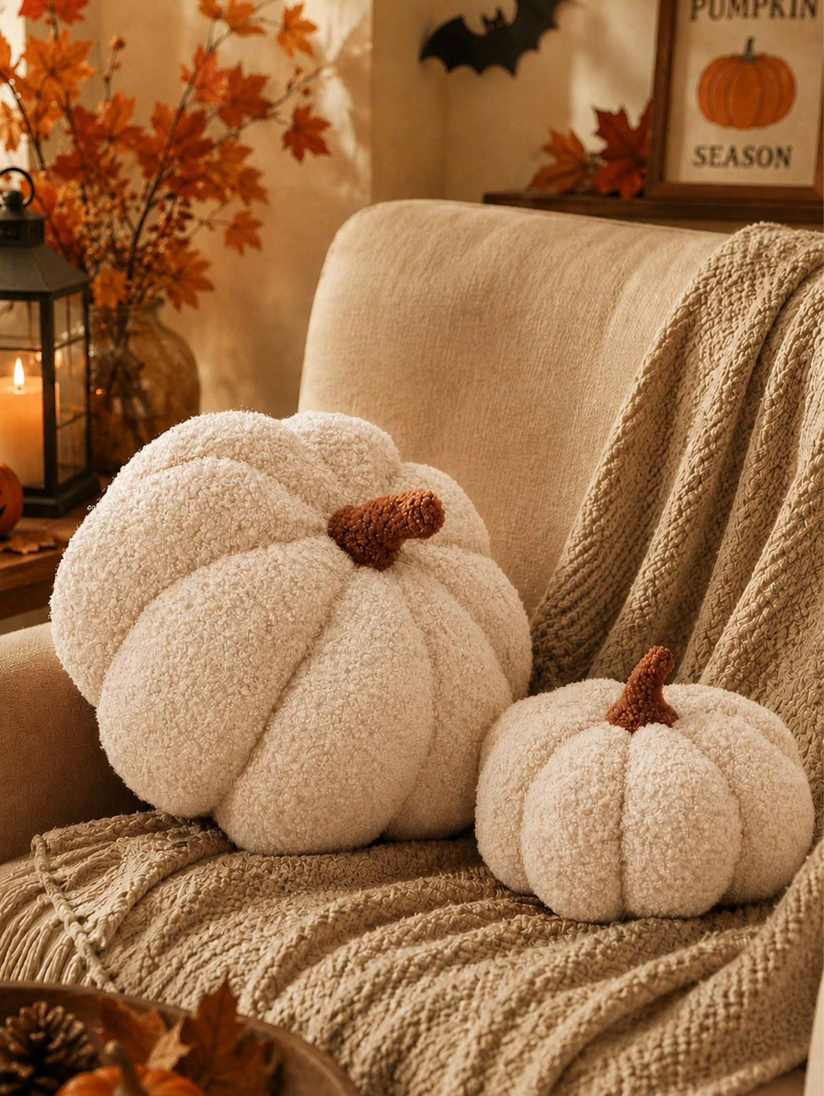 Cream white boucle 3D pumpkin pillows in large and small on cream sofa with autumn leaves, lantern and Pumpkin Season sign