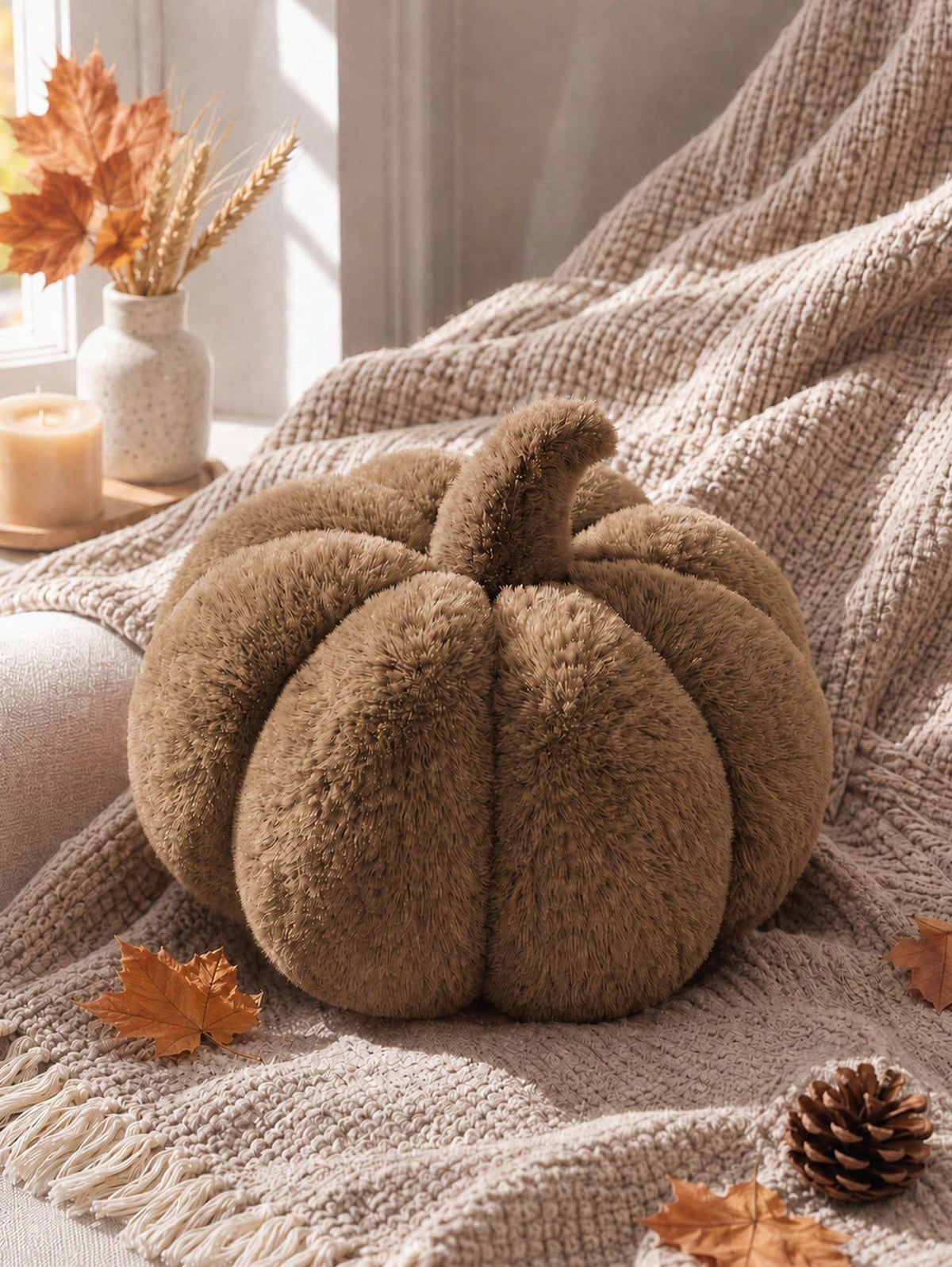Caramel taupe fluffy teddy 3D pumpkin pillow on cream knit throw with maple leaves, wheat stems and pine cone