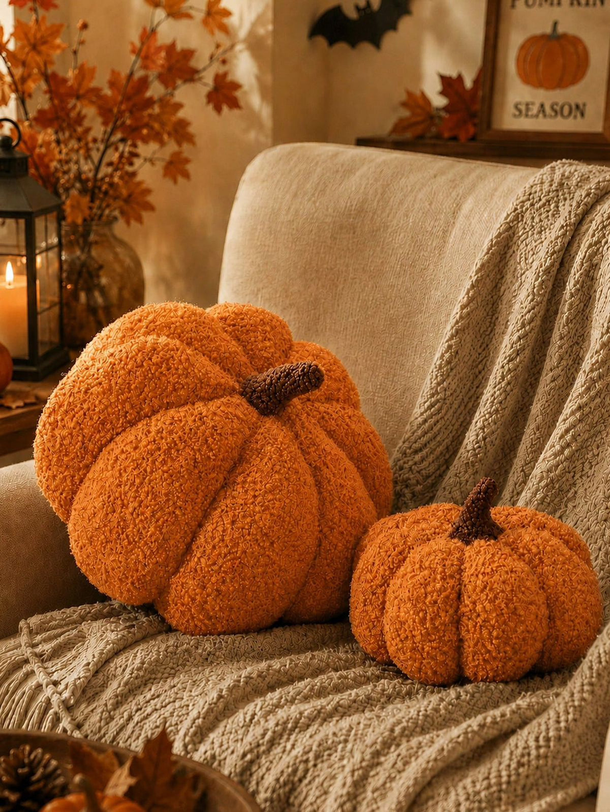 Pumpkin orange boucle 3D pumpkin pillows in large and small on cream sofa with autumn leaves, lantern and Pumpkin Season sign