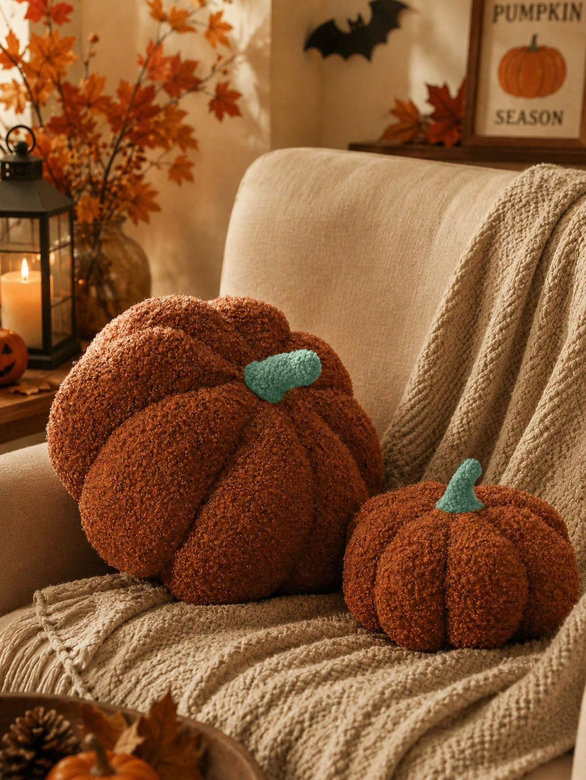 Boucle Pumpkin Pillow | 3D Shaped Teddy Fabric | Autumn Home Decor