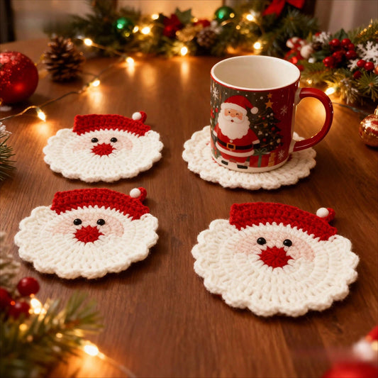 Set of 4 hand-crocheted Santa Claus face coasters on wooden table styled with Santa Christmas mug, warm fairy lights, pine cones, red baubles and green garland