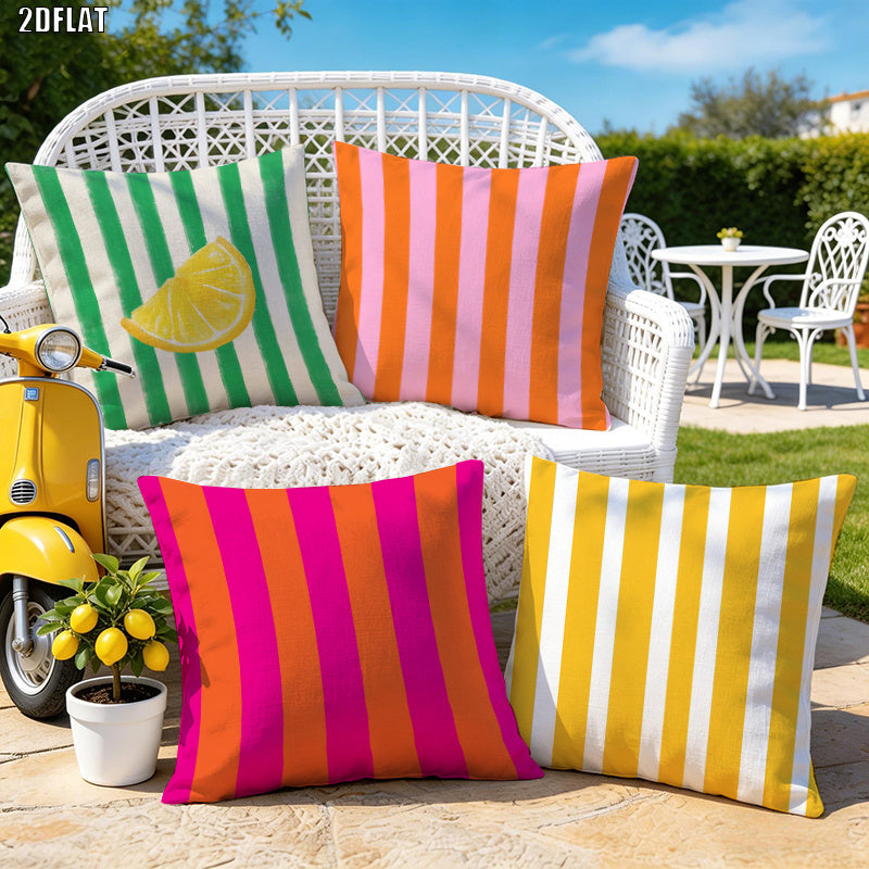 Sunshine Stripes Cushion Cover Set featuring colorful striped decorative cushion covers in vibrant Mediterranean-inspired summer colors with a playful lemon accent.