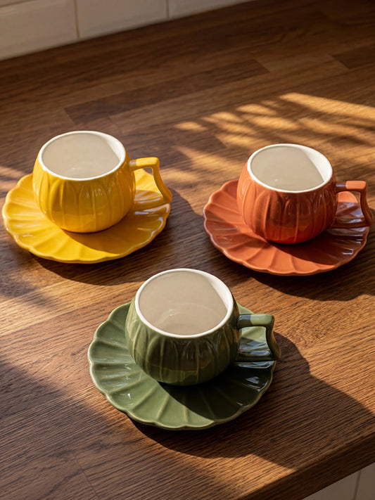 Three pumpkin porcelain coffee cups with leaf saucers in golden yellow, forest green and rust orange on warm oak table in autumn sunlight