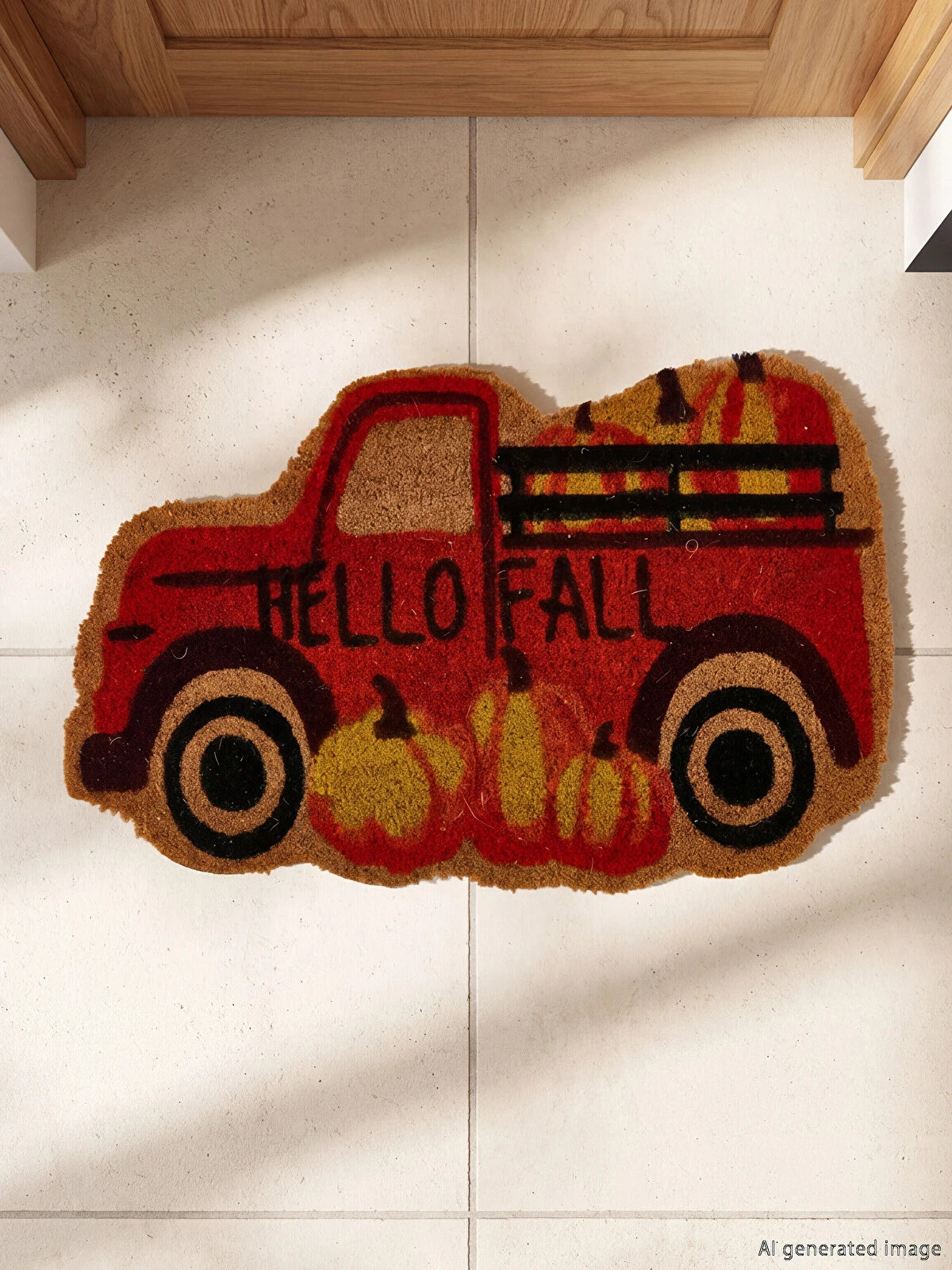 Hello Fall red farm truck shaped coir doormat styled in front of wooden door on white tile floor - lifestyle shot