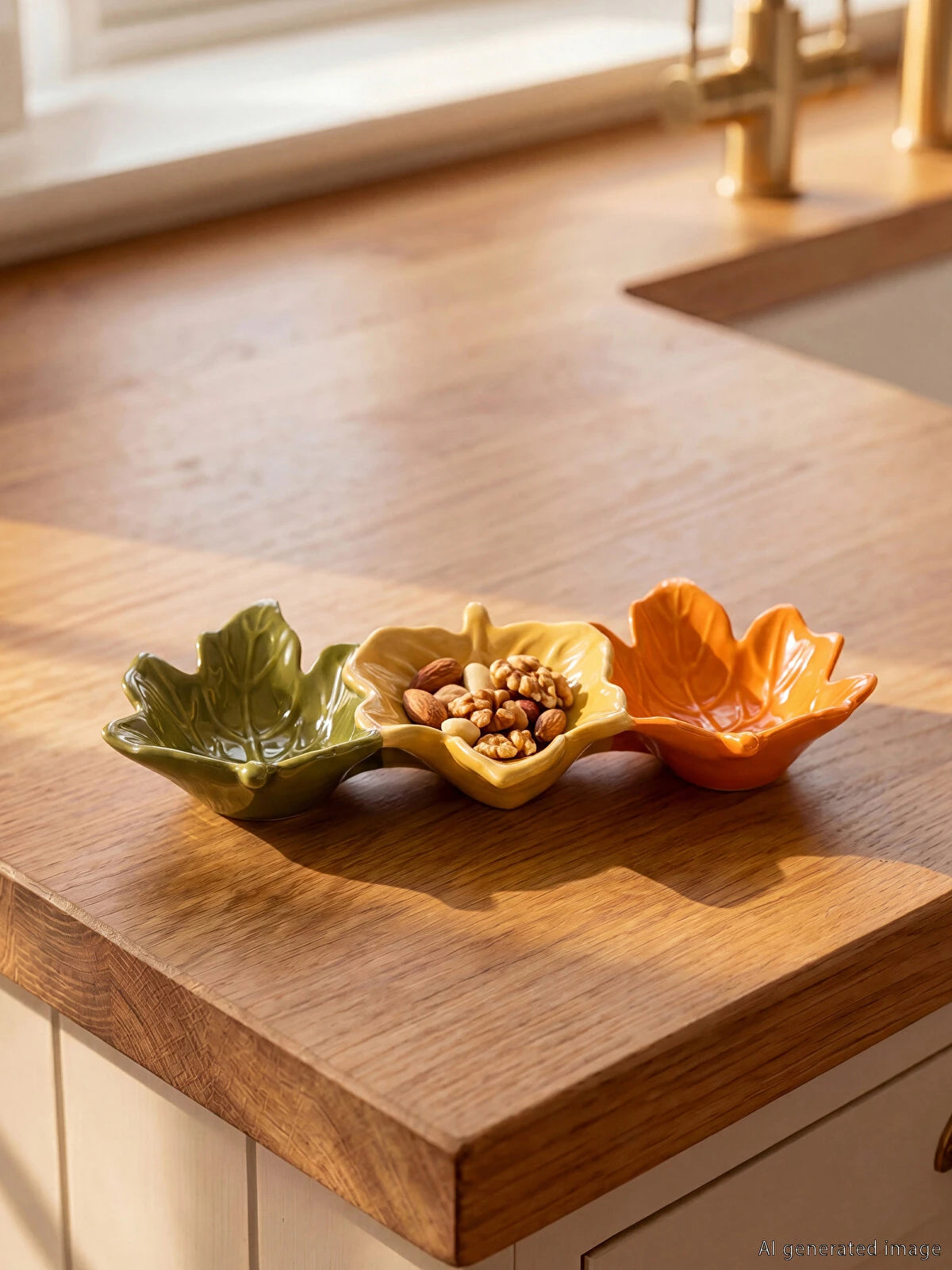 Set of 3 ceramic maple leaf snack bowls in olive green, golden yellow and orange on wooden kitchen island with nuts