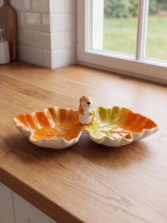 Ceramic Leaf Shaped Bowl with Squirrel | Two-Compartment