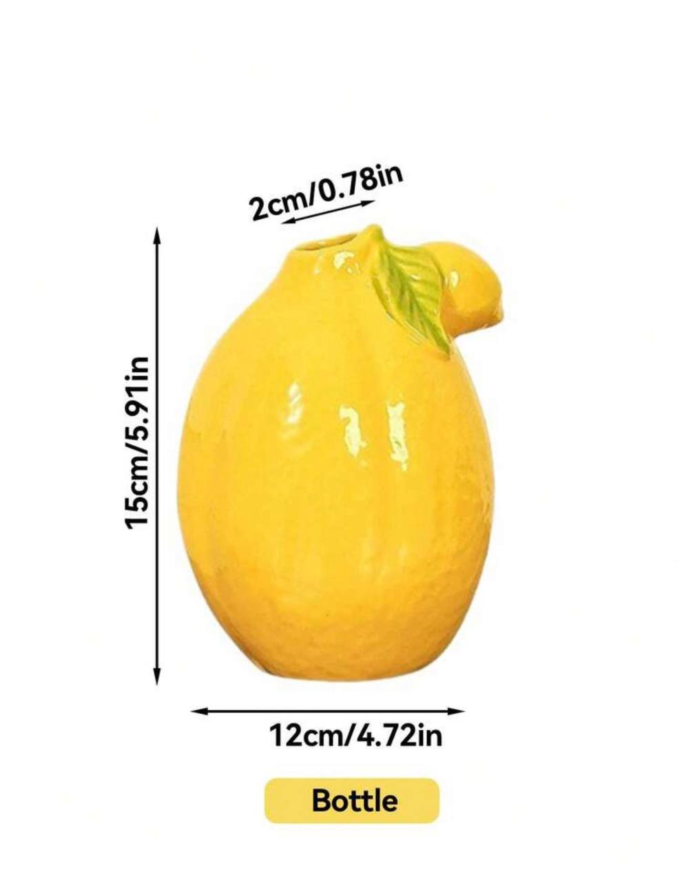 Yellow bottle shaped like a lemon with dimensions indicated on a white background
