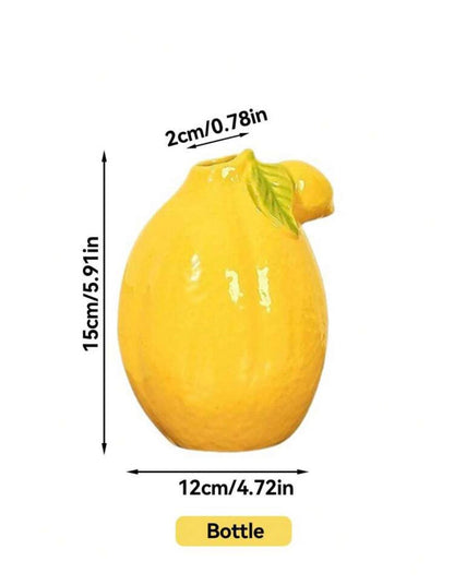 Yellow bottle shaped like a lemon with dimensions indicated on a white background