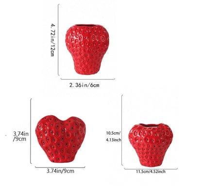 Red strawberry-shaped vases with measurements 