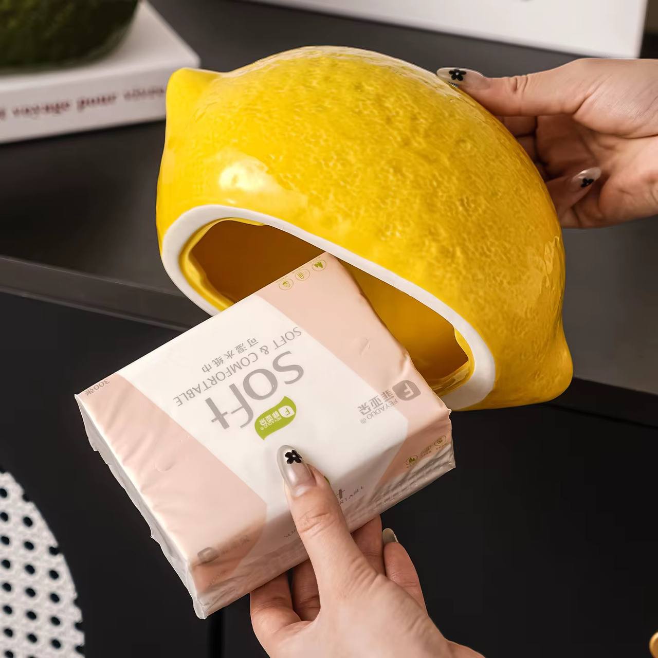 lemon shaped tissue box cover yellow green decorative home decor Lebanon